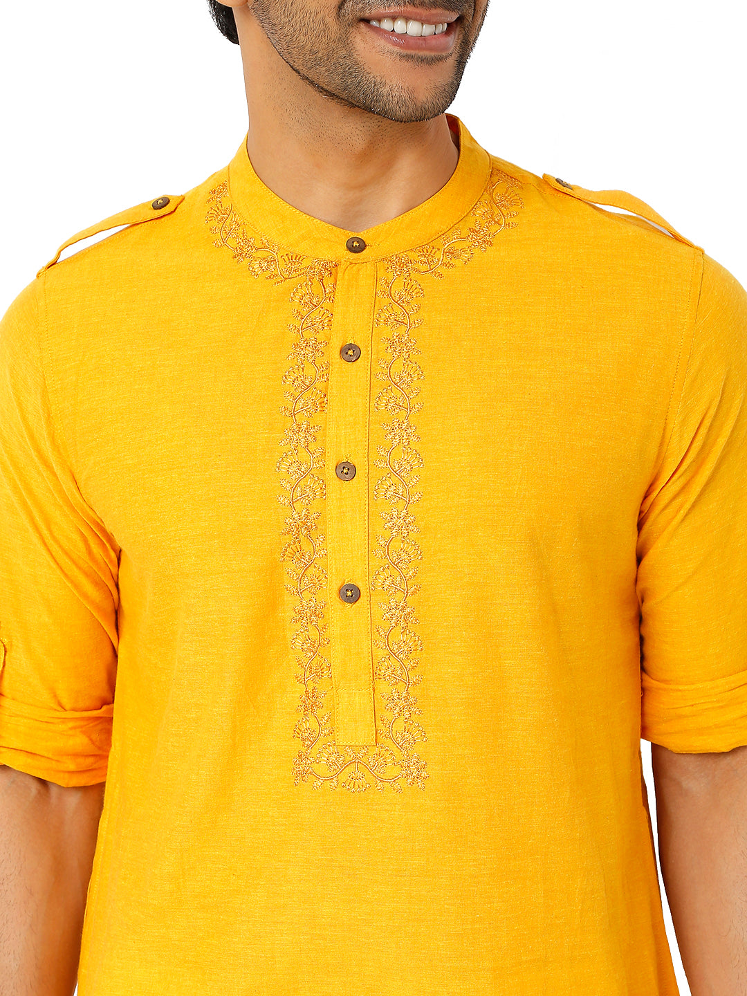 Men's golden yellow cotton knee-length kurta, back view.