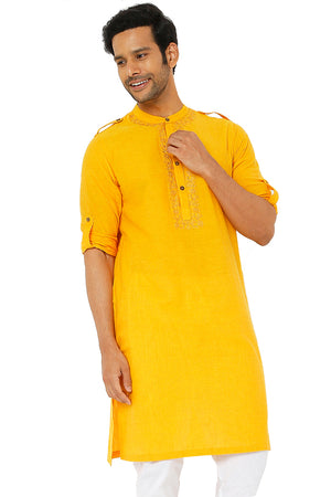 Men's golden yellow cotton knee-length kurta, front view.