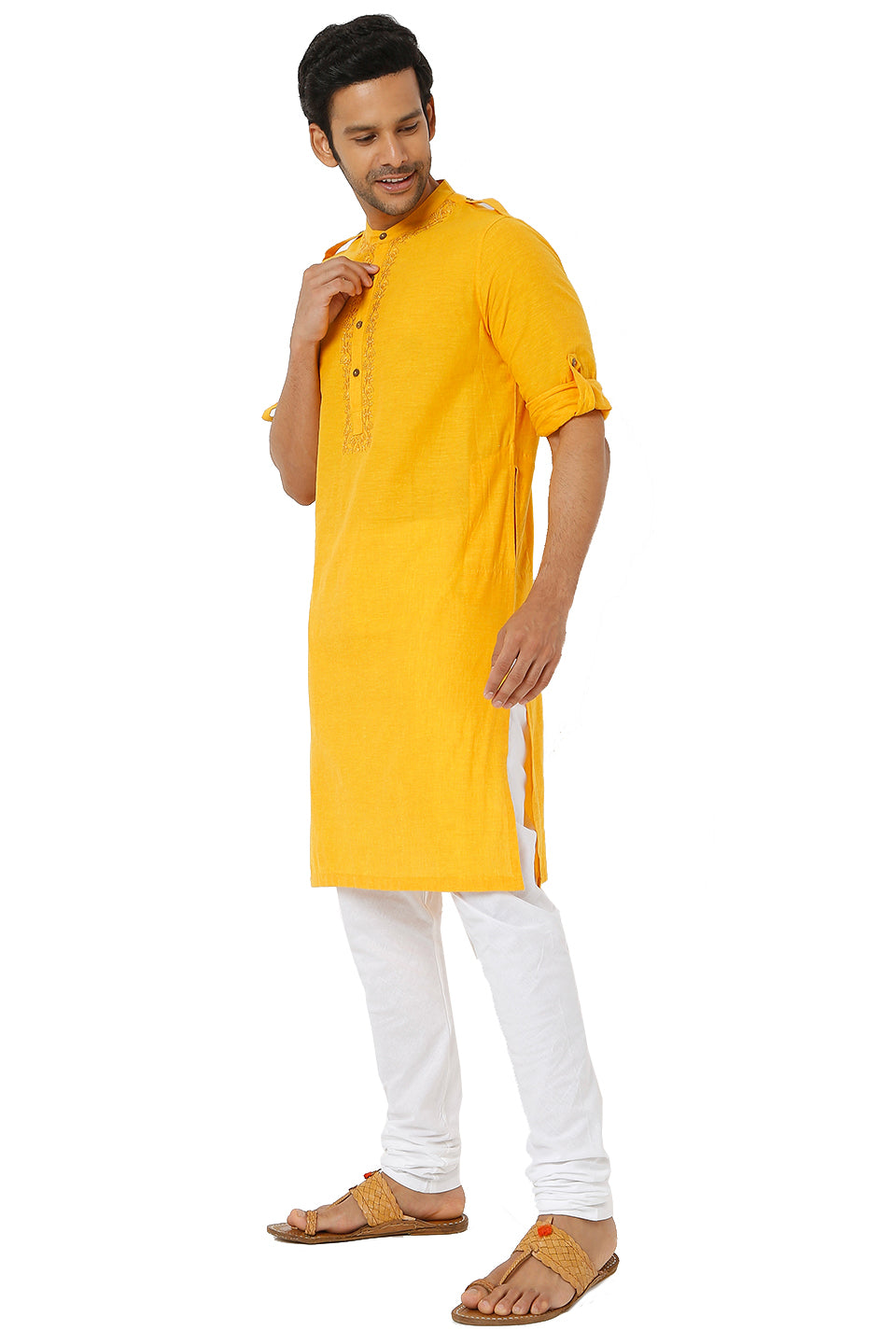 Men's golden yellow cotton knee-length kurta, side view.