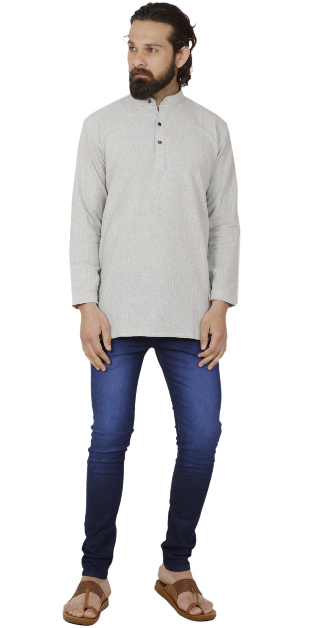 Alternate full-body front view of a model wearing In-Sattva's men's gray handmade khadi cotton thigh-length kurta tunic, featuring a mandarin collar, long sleeves, a short button placket and textured khadi fabric. Paired with blue jeans.