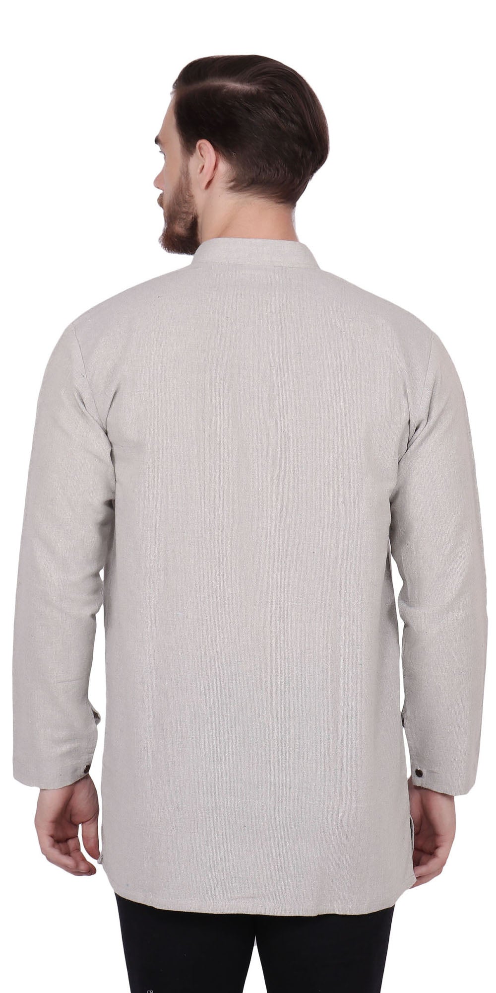 Back view of a model wearing In-Sattva's men's gray handmade khadi cotton thigh-length kurta tunic, showing the plain khadi cotton texture across the back, long sleeves and straight hem.