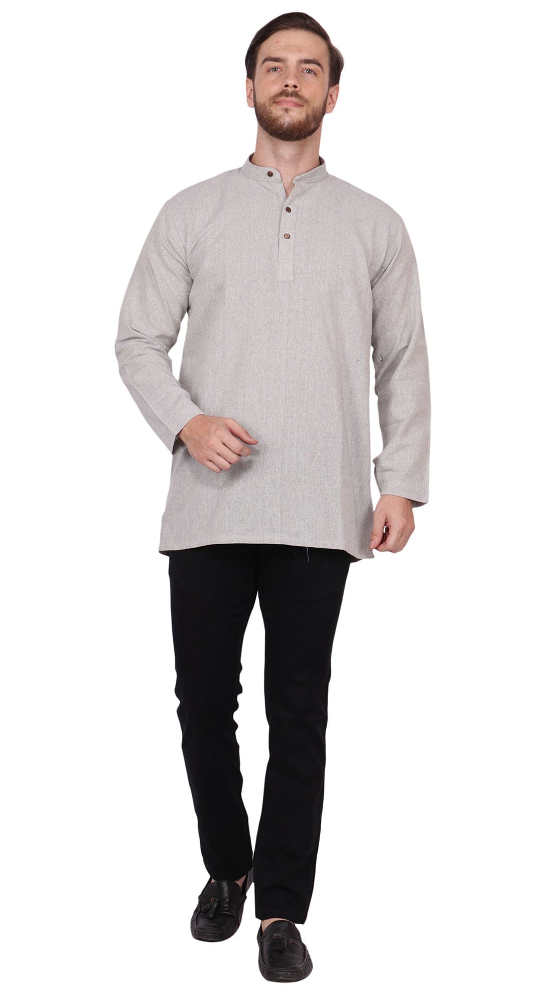 Full-body front view of a model wearing In-Sattva's men's gray handmade khadi cotton thigh-length kurta tunic, featuring a mandarin collar, long sleeves, a short button placket and textured khadi fabric. Paired with black pants.