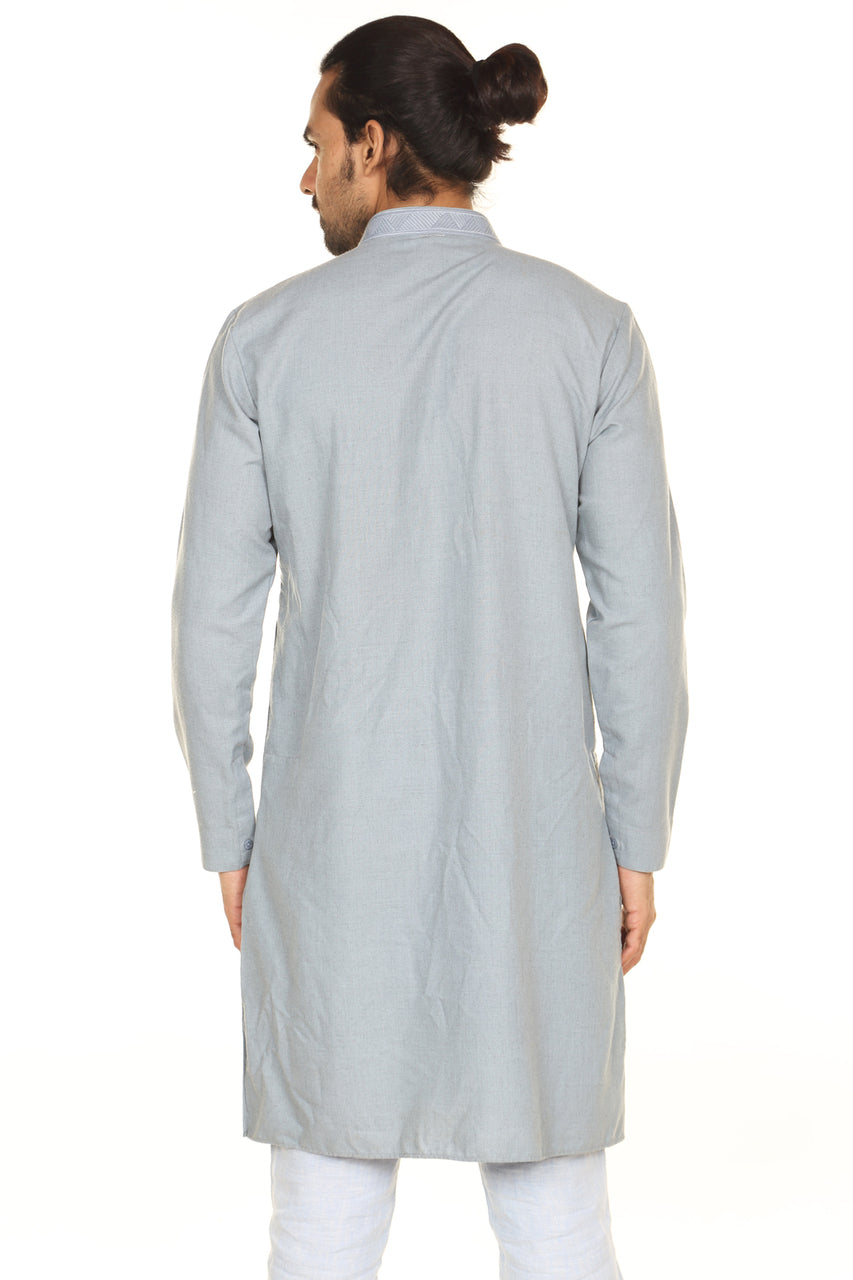 Men's gray printed denim mandarin collar knee-length kurta, alternate front view.