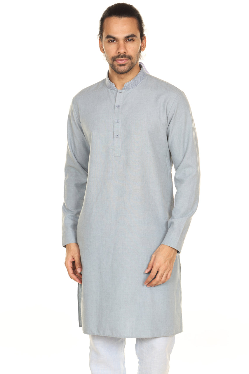 Men's gray printed denim mandarin collar knee-length kurta, front view.