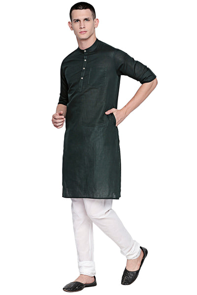 Men's green cotton band collar knee-length kurta, alternate front view.