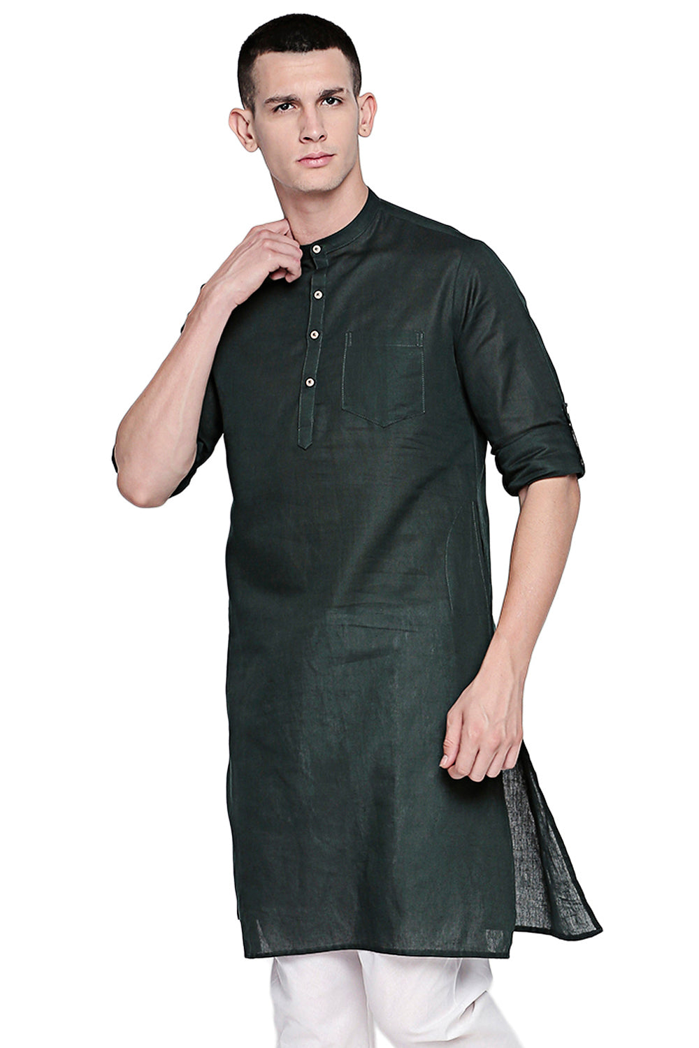 Men's green cotton band collar knee-length kurta, alternate side view.