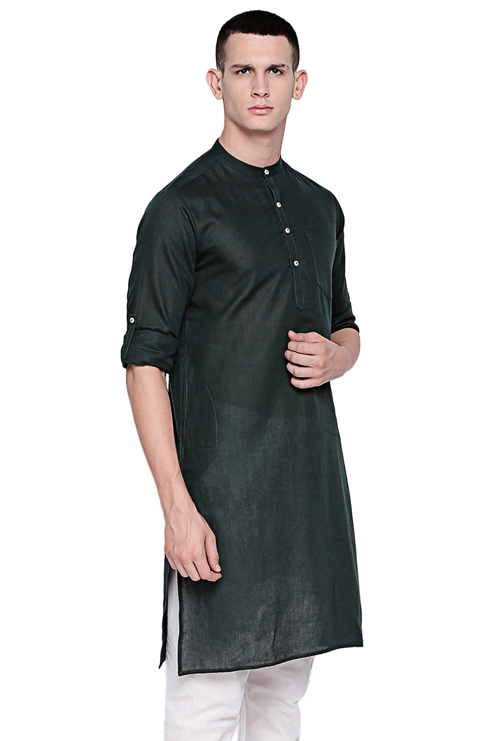 Men's green cotton band collar knee-length kurta, back view.