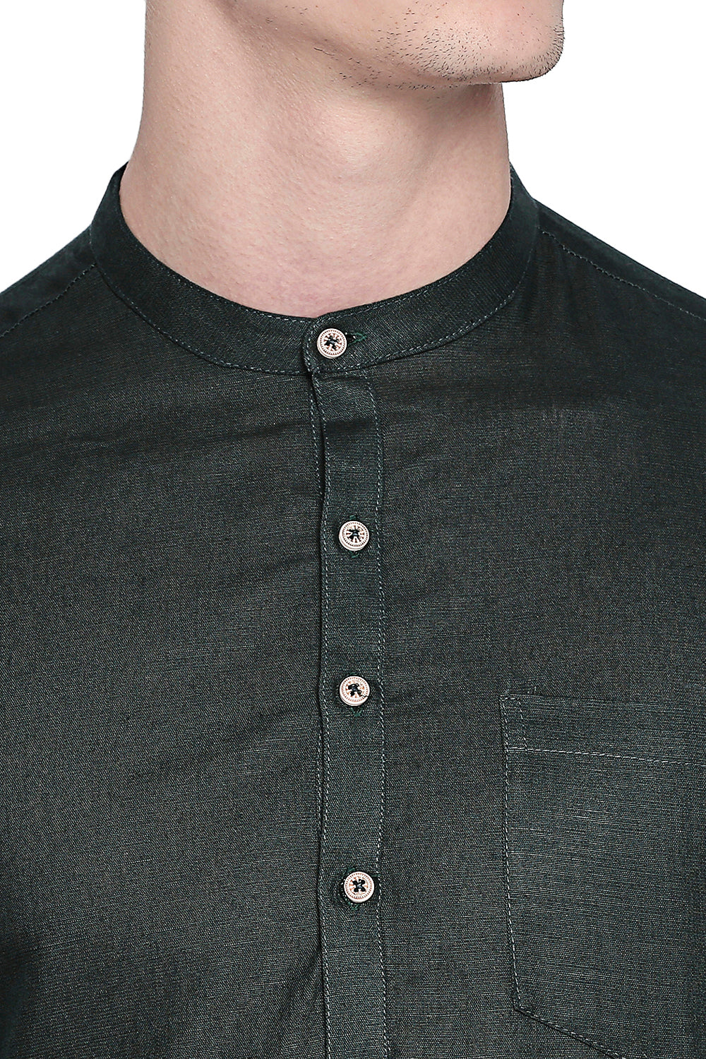 Men's green cotton band collar knee-length kurta, close-up detail.