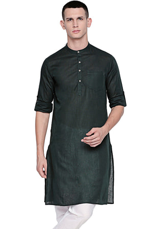 Men's green cotton band collar knee-length kurta, front view.