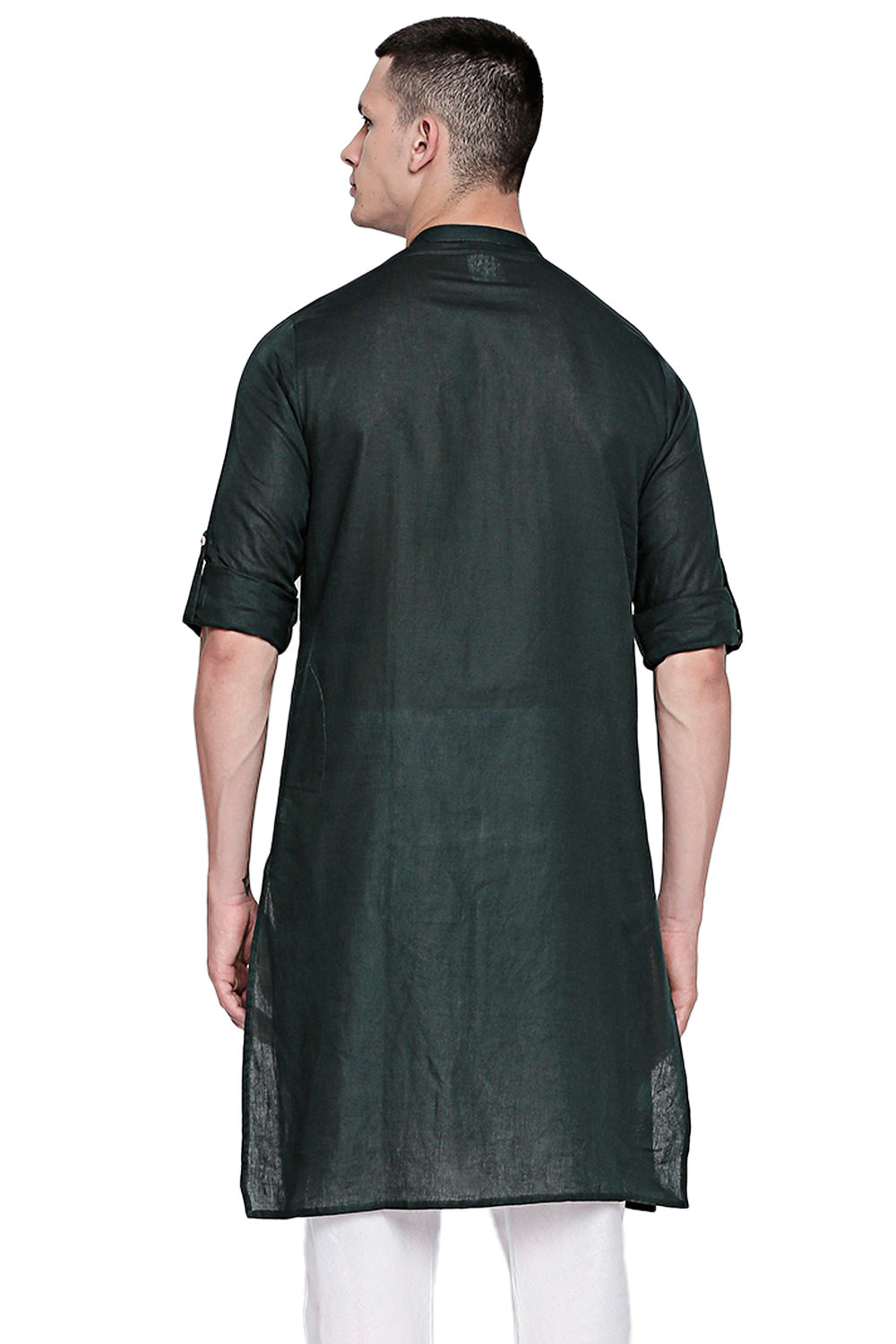 Men's green cotton band collar knee-length kurta, side view.