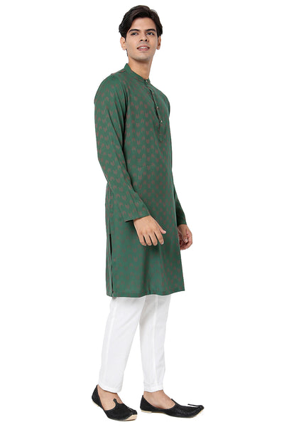 Men's green cotton mandarin collar knee-length kurta, alternate front view.