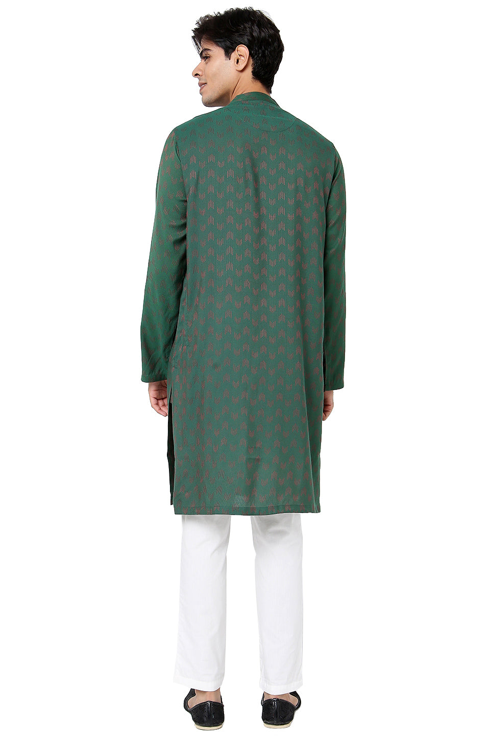 Men's green cotton mandarin collar knee-length kurta, alternate side view.
