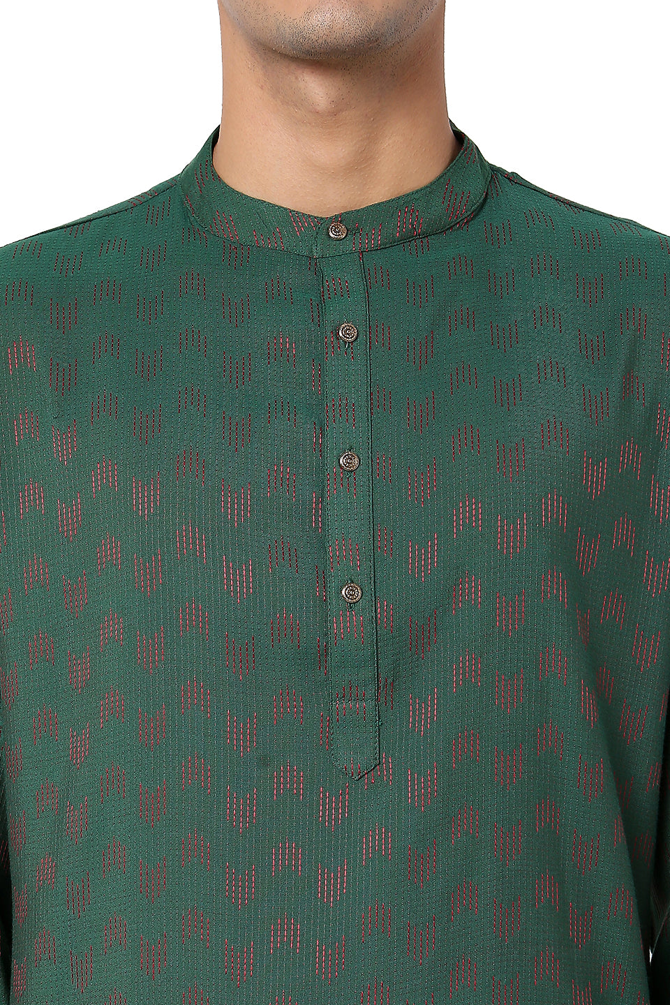 Men's green cotton mandarin collar knee-length kurta, back view.
