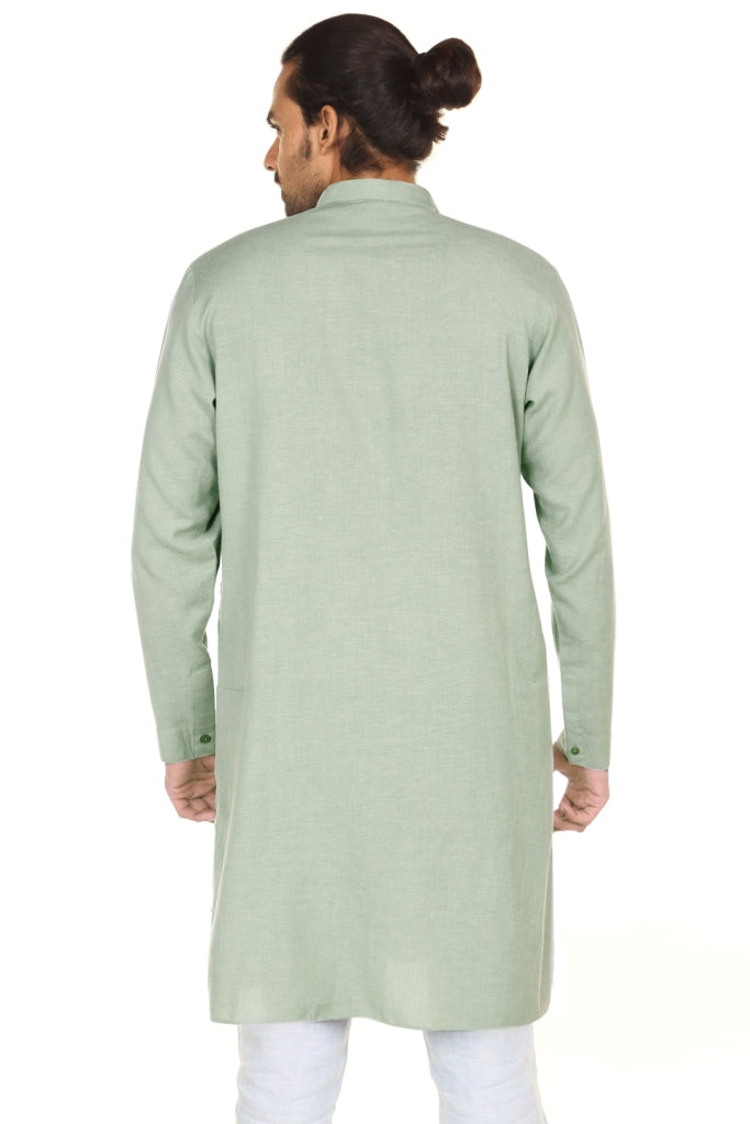 Men's green embellished denim knee-length kurta, alternate front view.