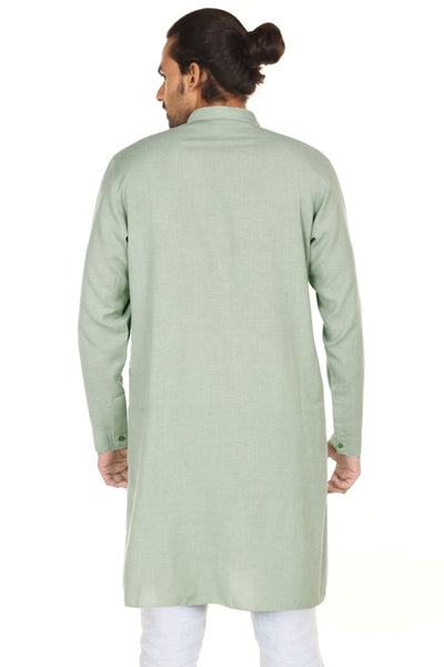 Men's green embellished denim knee-length kurta, alternate front view.