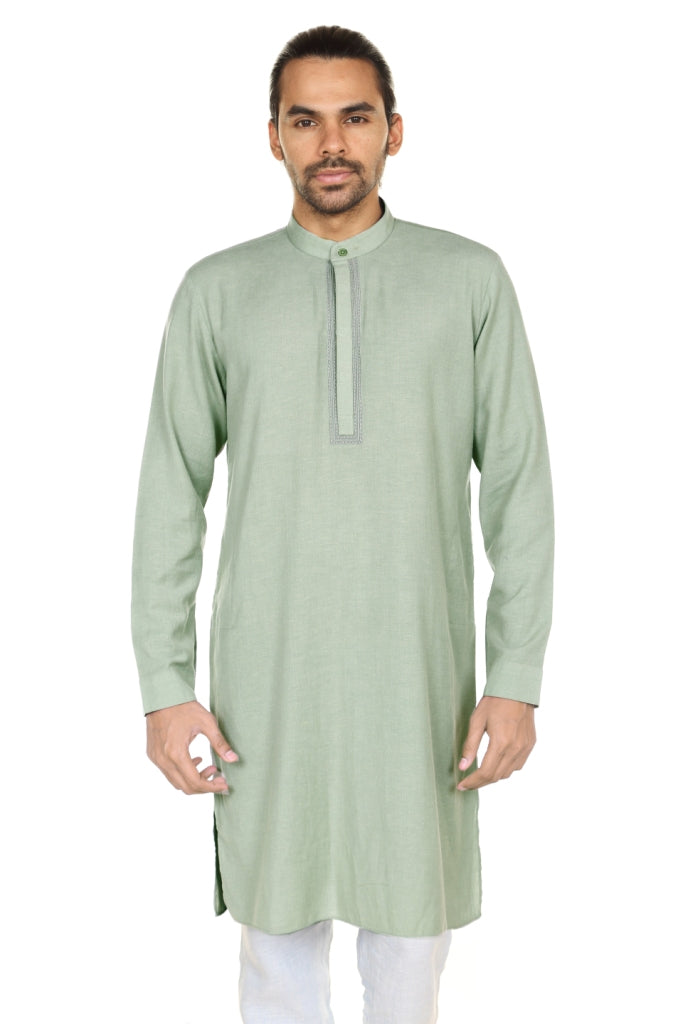 Men's green embellished denim knee-length kurta, front view.
