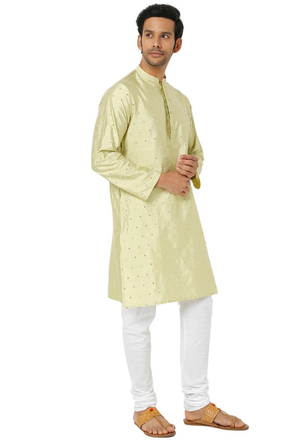 Men's green embellished rayon knee-length kurta, alternate front view.