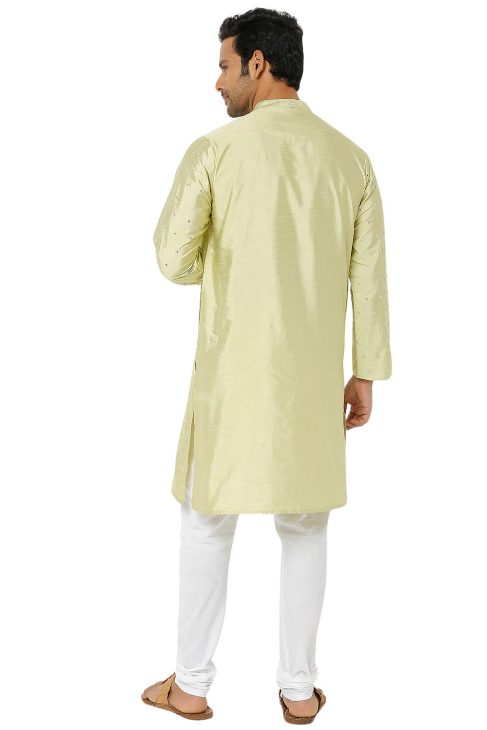 Men's green embellished rayon knee-length kurta, alternate side view.