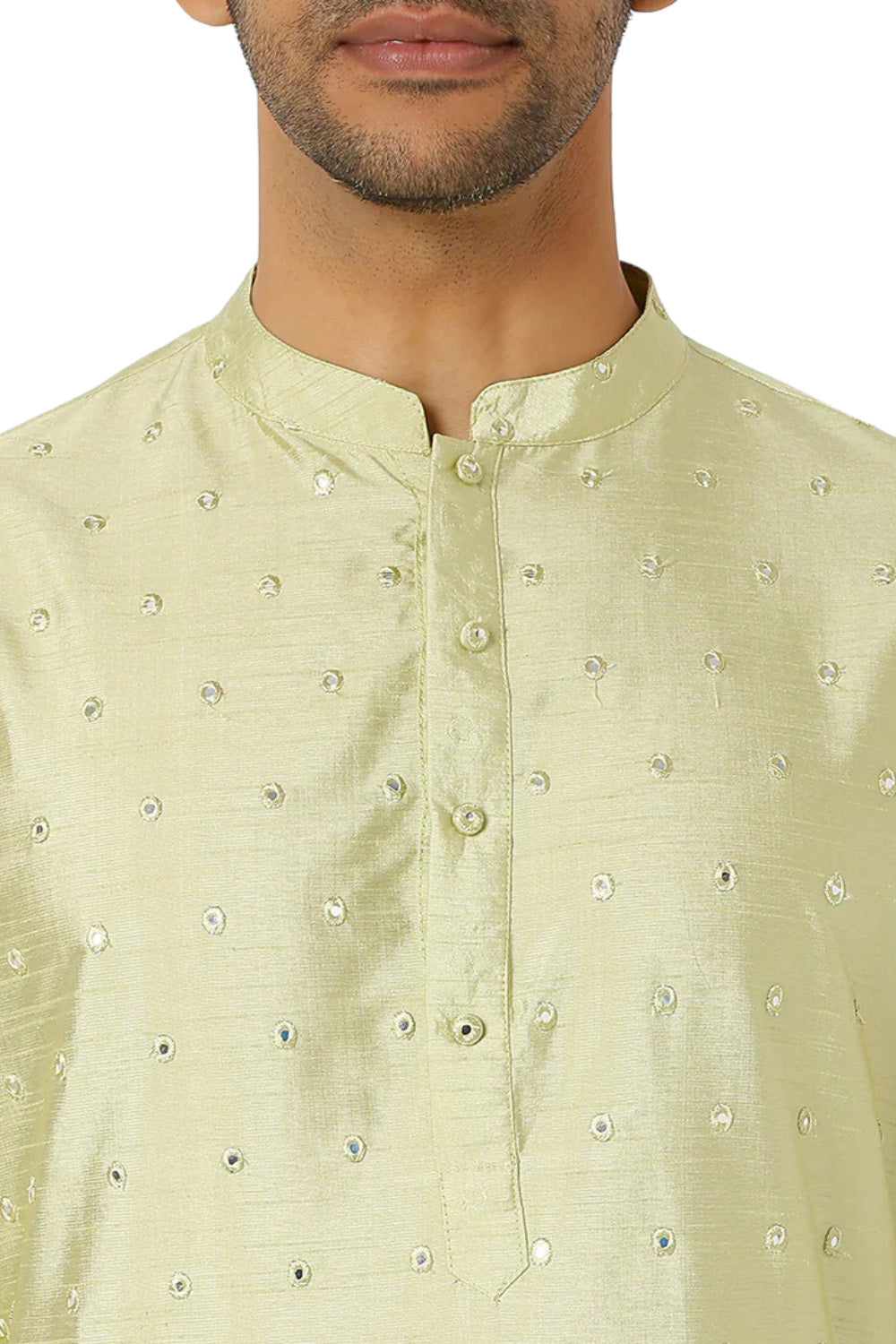 Men's green embellished rayon knee-length kurta, back view.