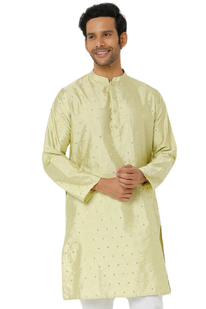Men's green embellished rayon knee-length kurta, front view.