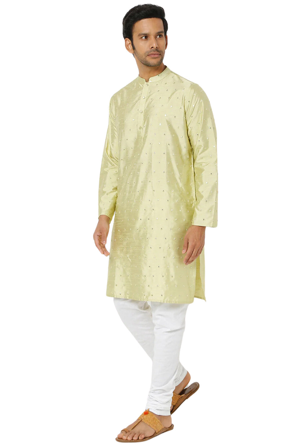 Men's green embellished rayon knee-length kurta, side view.