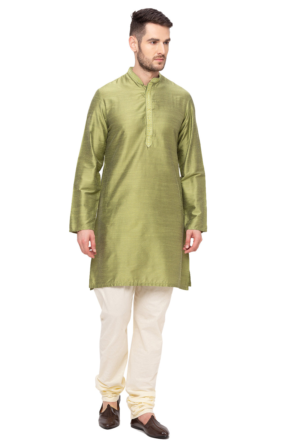 Men's green embroidered cotton blend knee-length kurta, alternate front view.