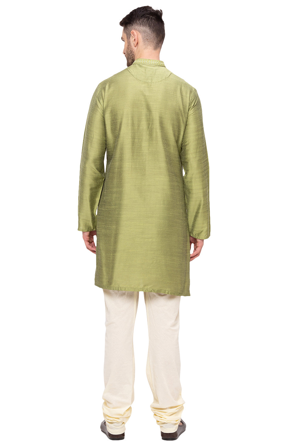 Men's green embroidered cotton blend knee-length kurta, alternate side view.