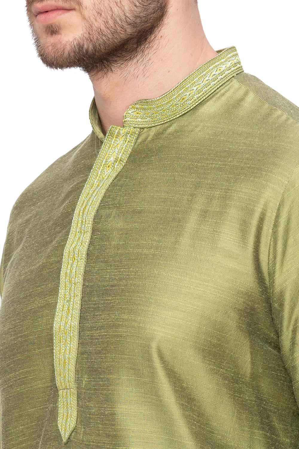 Men's green embroidered cotton blend knee-length kurta, back view.