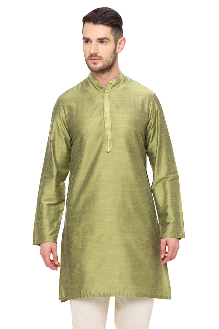 Men's green embroidered cotton blend knee-length kurta, front view.