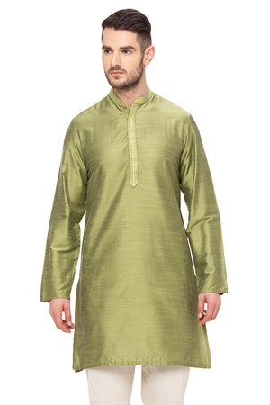Men's green embroidered cotton blend knee-length kurta, front view.