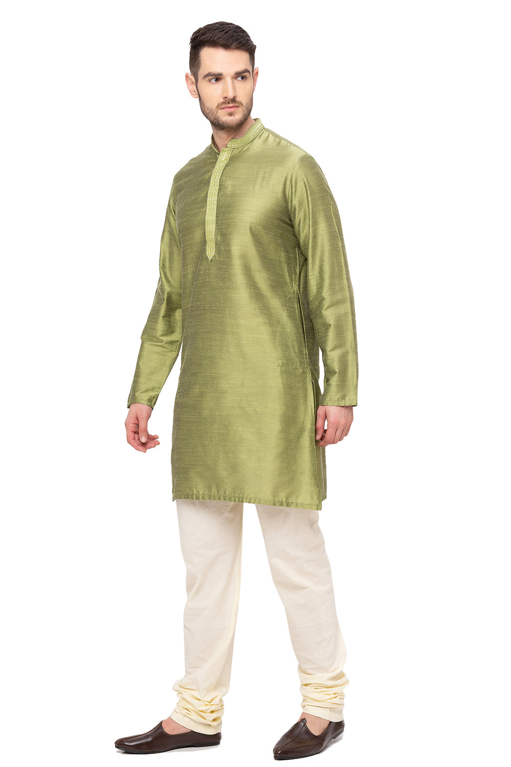 Men's green embroidered cotton blend knee-length kurta, side view.