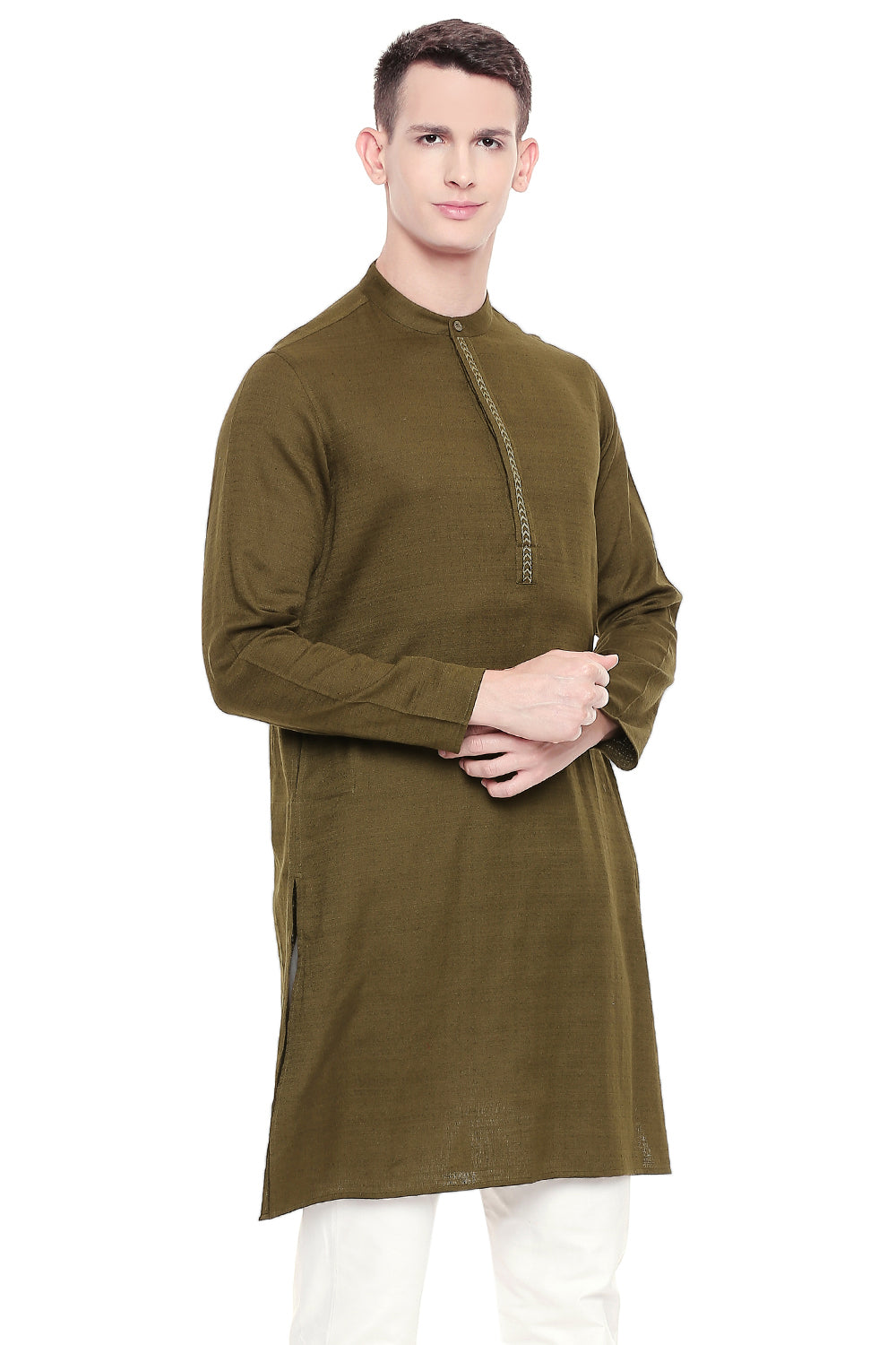 Men's green embroidered cotton knee-length kurta, alternate front view.