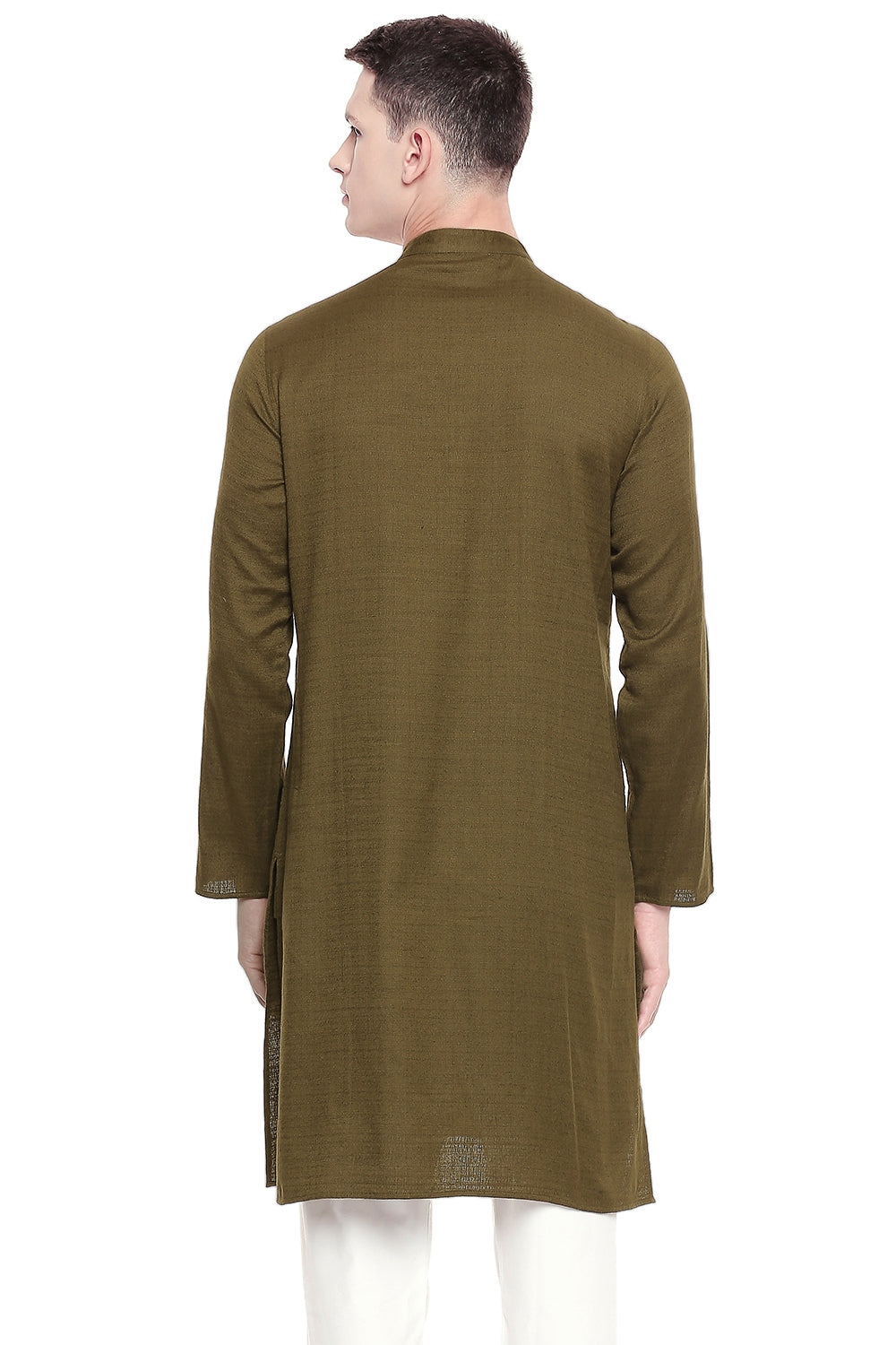 Men's green embroidered cotton knee-length kurta, alternate side view.