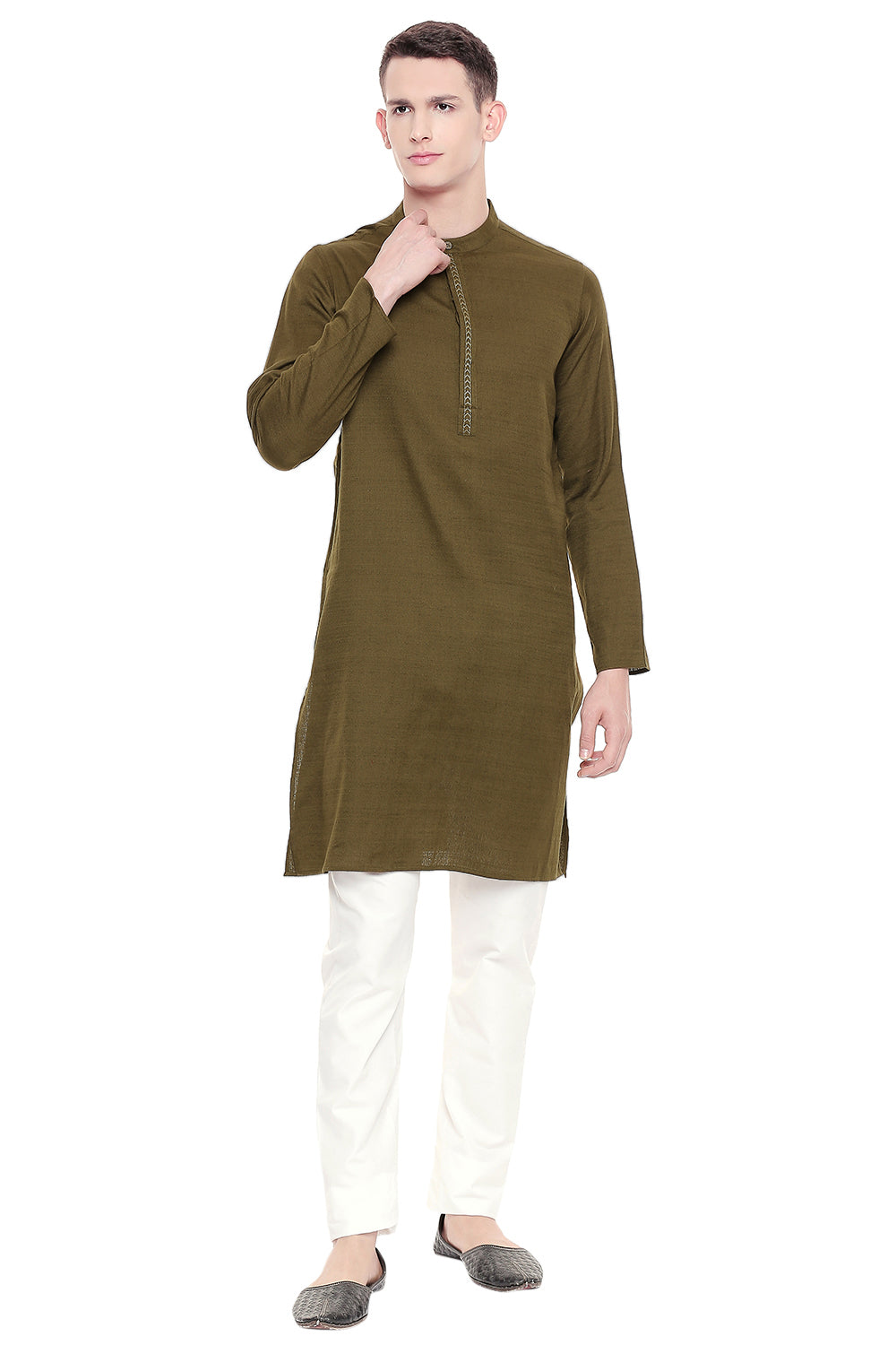 Men's green embroidered cotton knee-length kurta, back view.