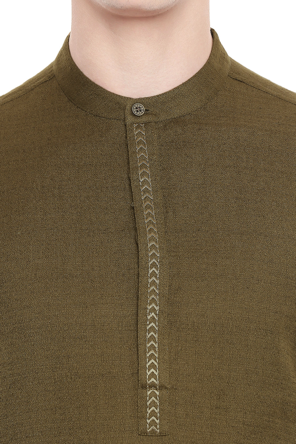 Men's green embroidered cotton knee-length kurta, close-up detail.