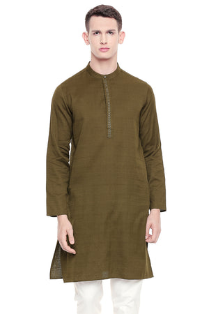 Men's green embroidered cotton knee-length kurta, front view.