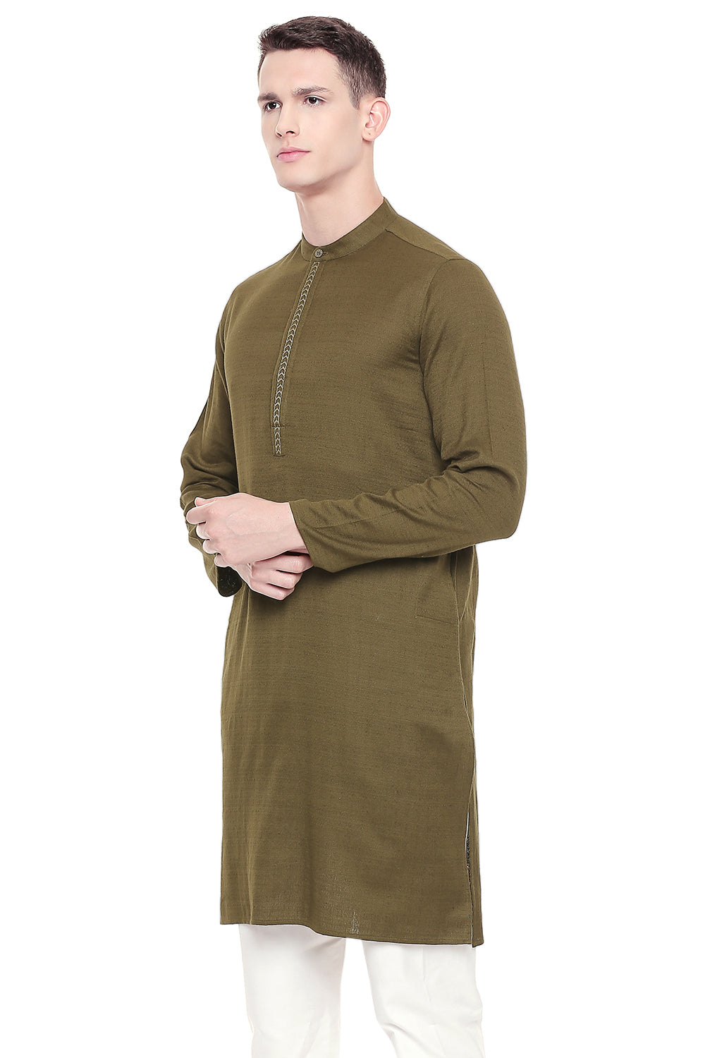 Men's green embroidered cotton knee-length kurta, side view.