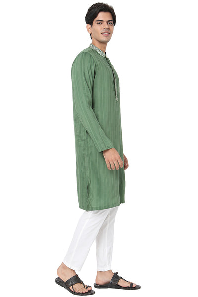 Men's green embroidered cotton knee-length kurta, alternate front view.