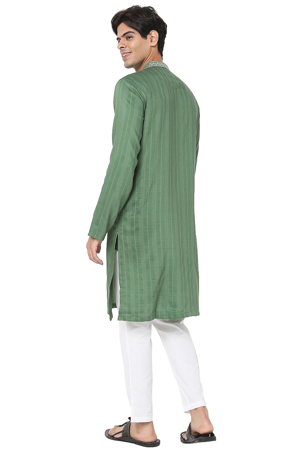 Men's green embroidered cotton knee-length kurta, alternate side view.