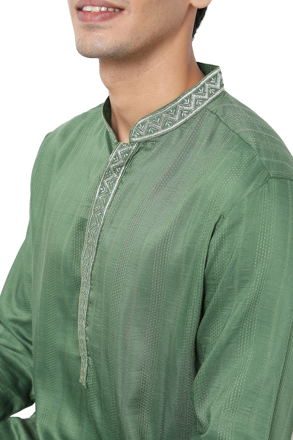 Men's green embroidered cotton knee-length kurta, back view.