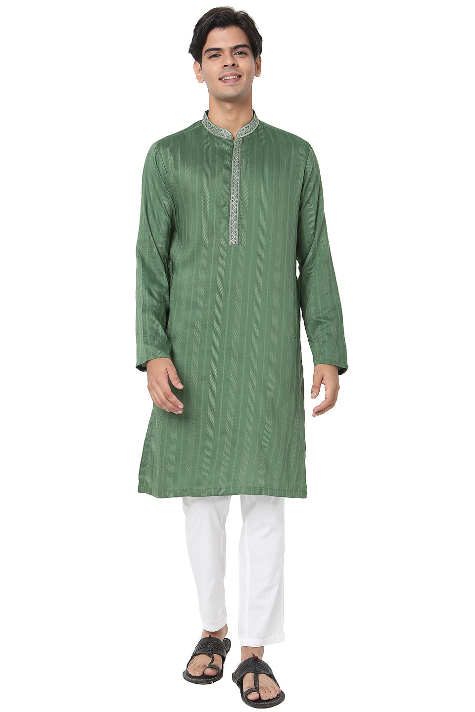 Men's green embroidered cotton knee-length kurta, close-up detail.