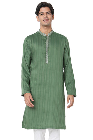 Men's green embroidered cotton knee-length kurta, front view.