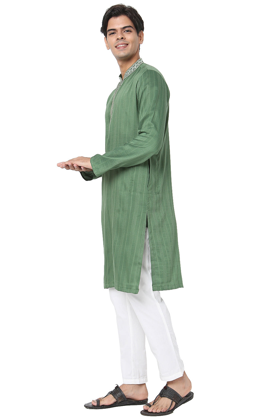 Men's green embroidered cotton knee-length kurta, side view.