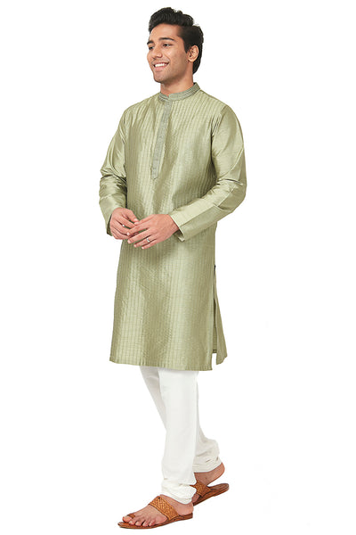 Men's green embroidered cotton knee-length kurta style 2, alternate front view.