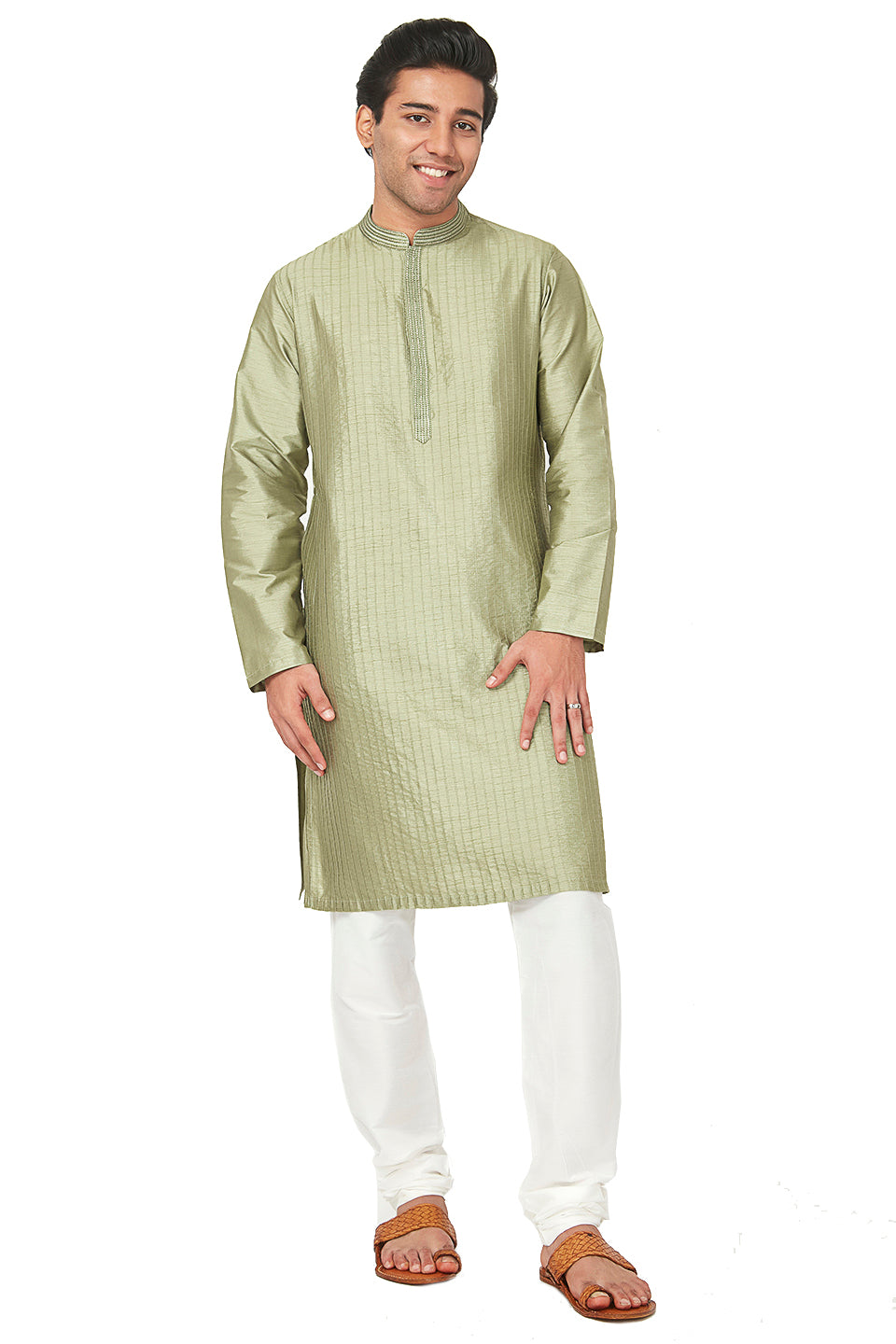 Men's green embroidered cotton knee-length kurta style 2, alternate side view.