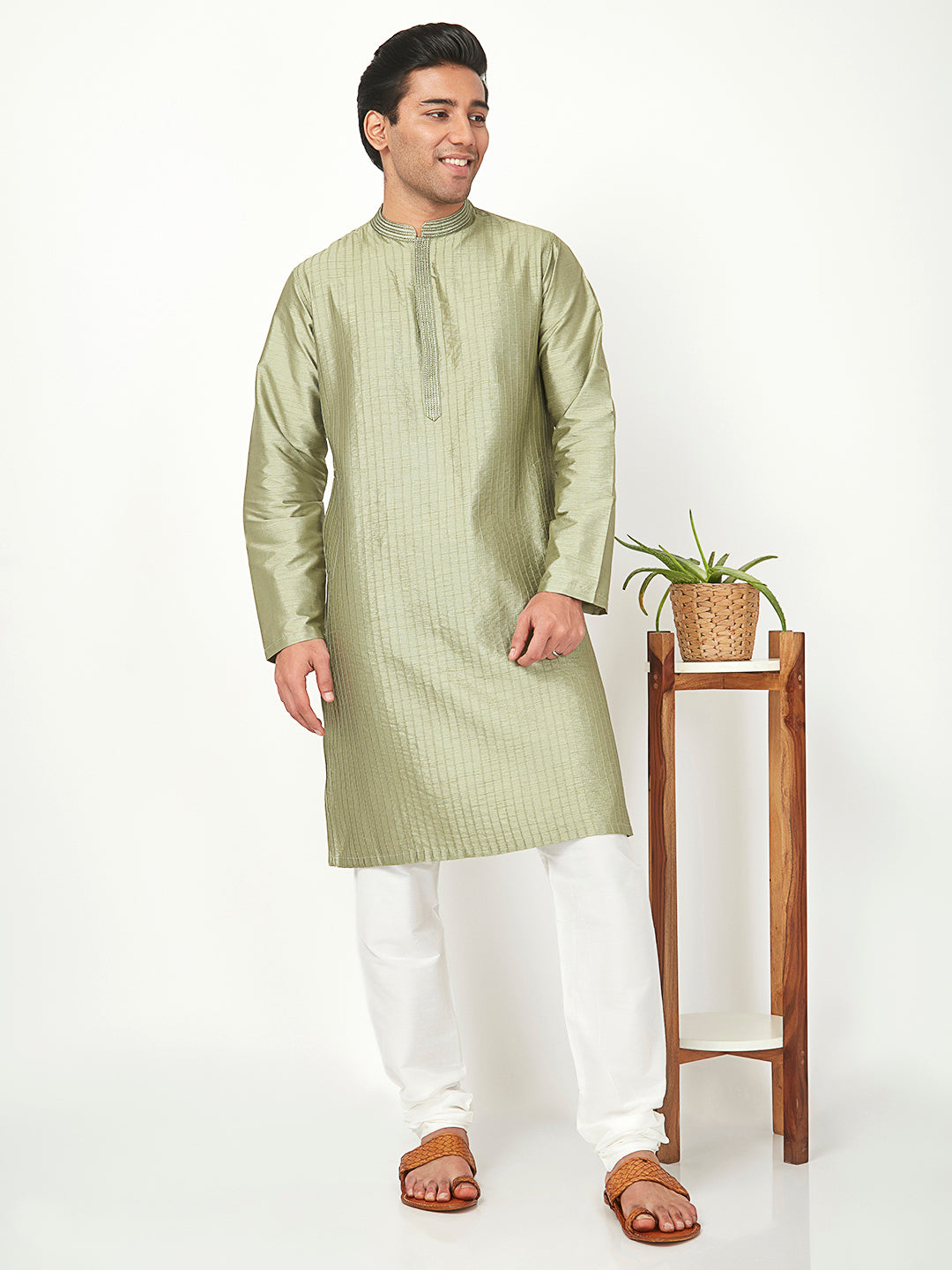Men's green embroidered cotton knee-length kurta style 2, close-up detail.