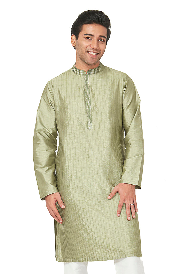 Men's green embroidered cotton knee-length kurta style 2, front view.