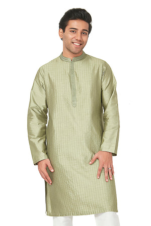 Men's green embroidered cotton knee-length kurta style 2, front view.