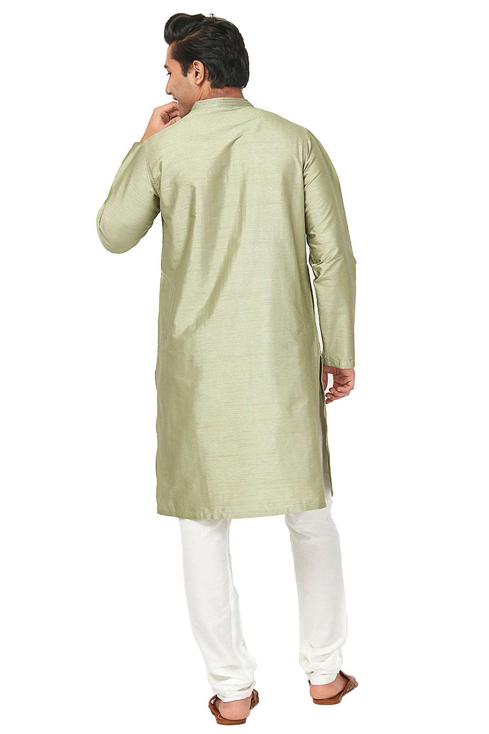 Men's green embroidered cotton knee-length kurta style 2, side view.