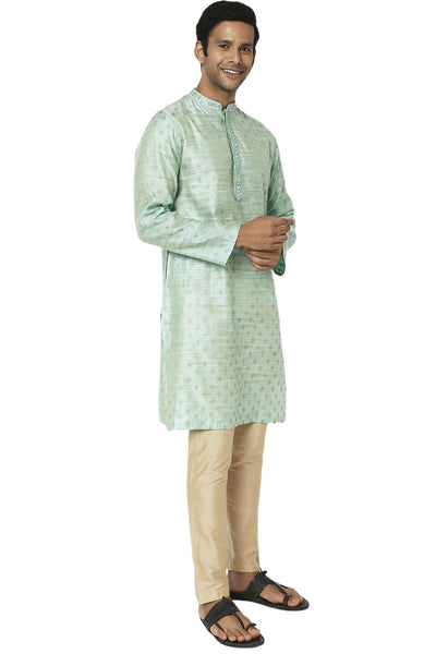 Men's green embroidered rayon knee-length kurta, alternate front view.